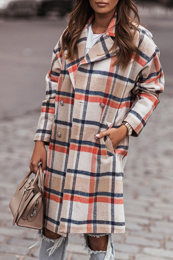 Long-sleeved Single-breasted Plaid Woolen Coat