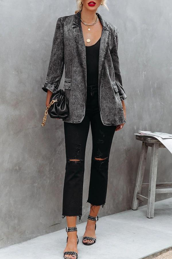 Lapel Bracelet Sleeve Washed Denim Blazer