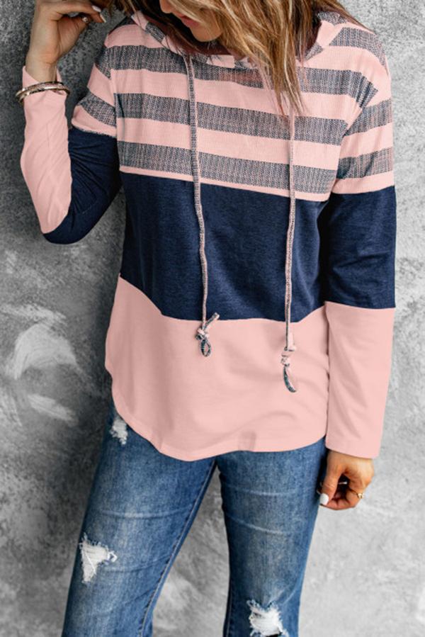Color Block Striped Drawstring Hoodie
