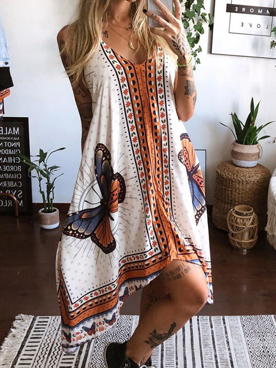 Elegant Irregular Printed Sling Maxi Dress