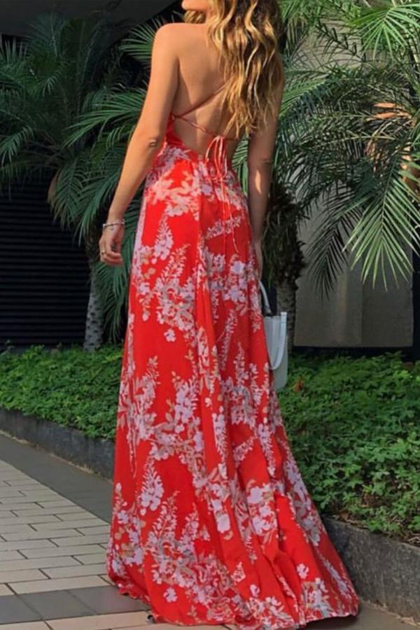 Red Floral Print Buttons Cross Back Spaghetti Strap V-neck Bohemian Maxi Dress