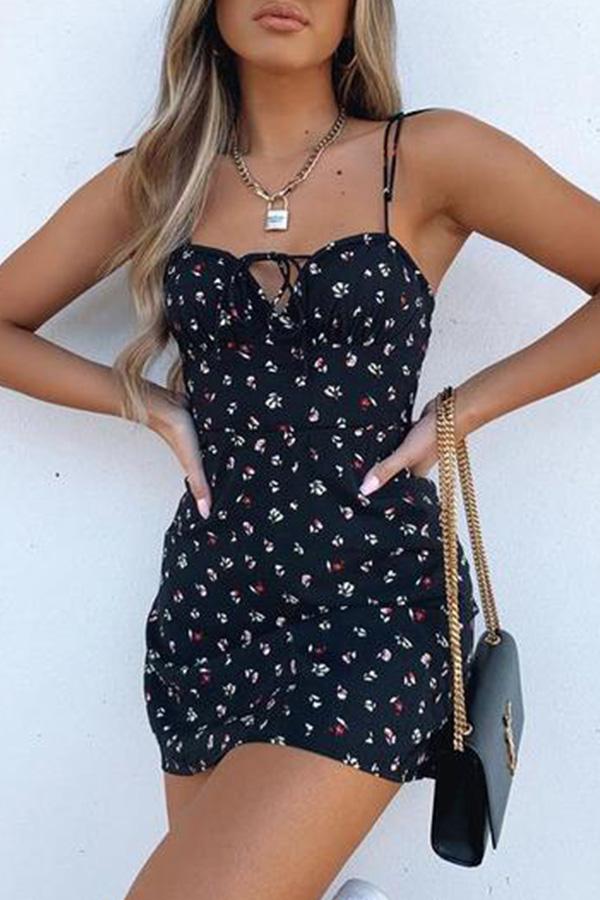 Floral Print Lace-Up Straps Mini Dress