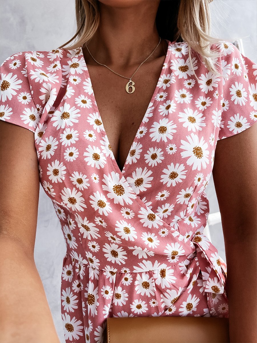Daisy Print V-neck Short Sleeve Wrap Maxi Dress