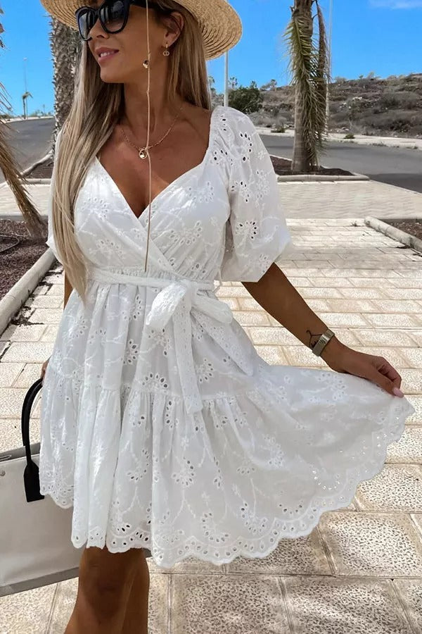 V Neck Crochet Lace Mini Dress