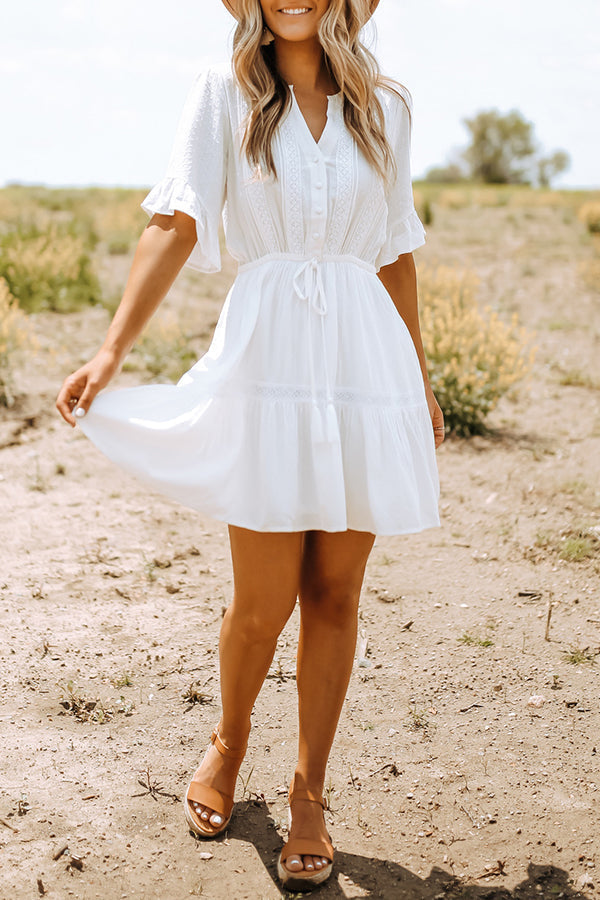 Solid Color Lace Waist Tie Ruffle Panel Mini Dress
