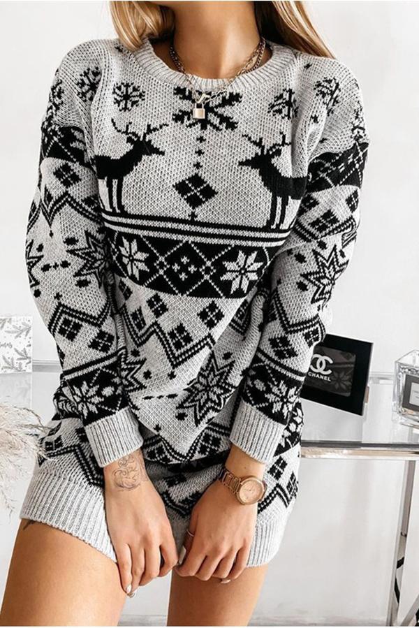 Elk Snowflake Christmas Knitted Dress