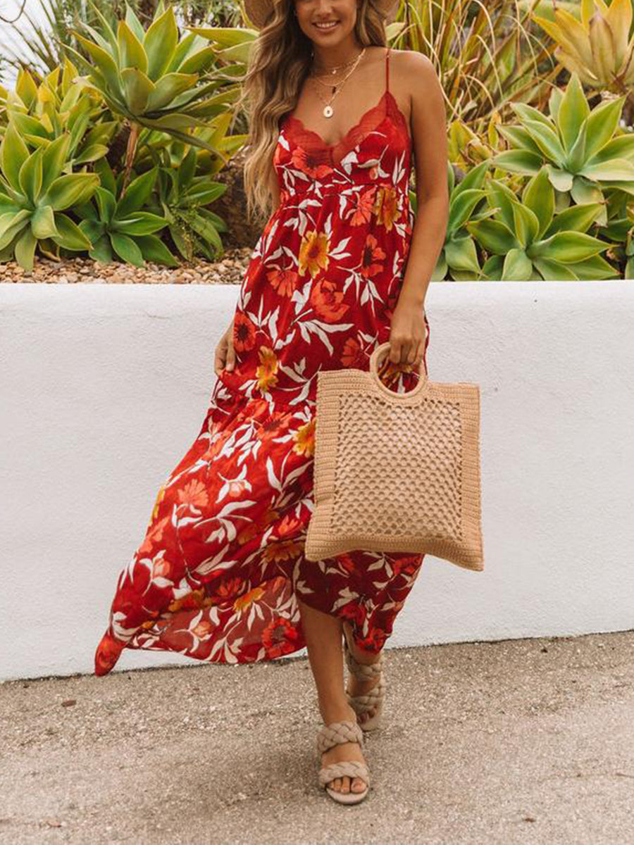 Lace Stitching Sling Print Dress