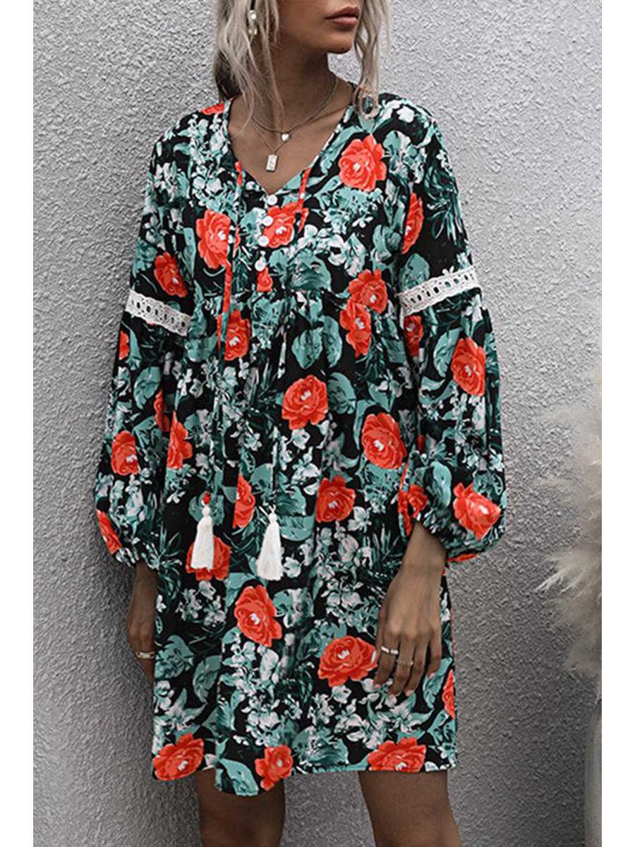 Pretty Floral Print V Neck Dress