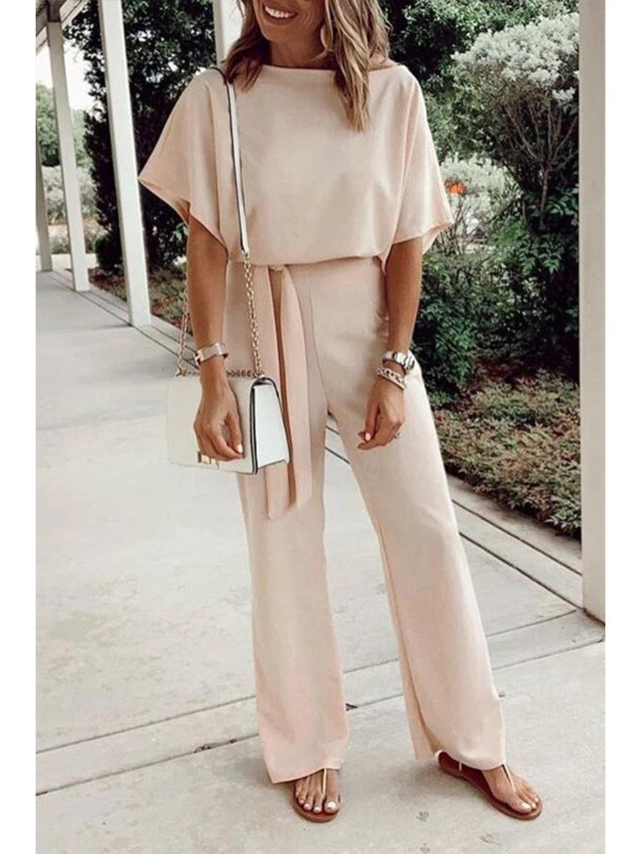 Elegant Solid Color Lace Up Bat Sleeve Jumpsuit