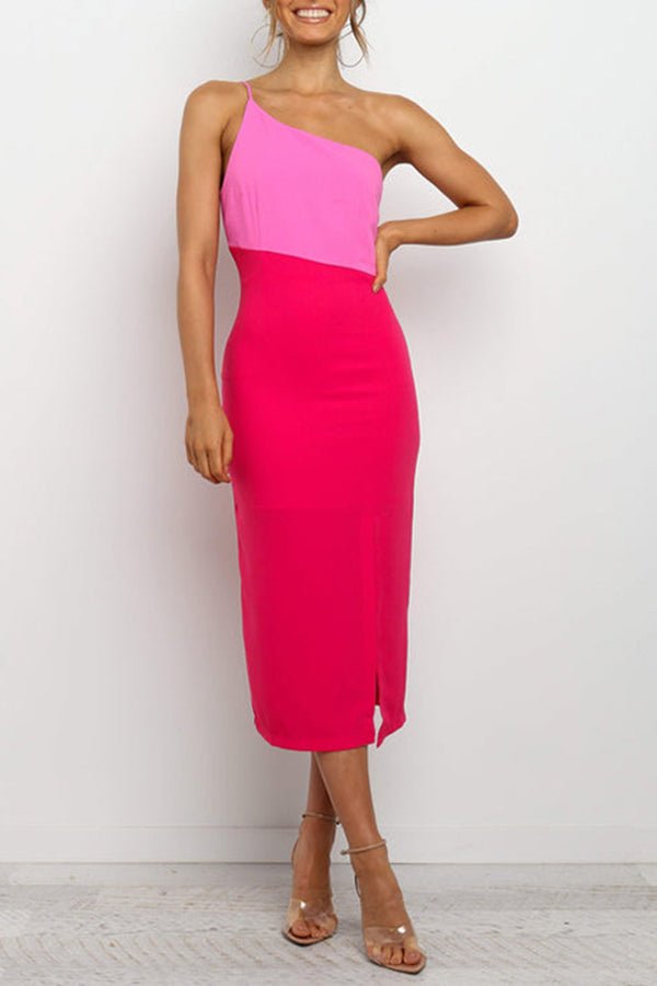 Temperament One-shoulder Contrast Color Slit Midi Dresse