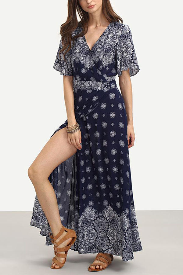 Printed Cross V-neck Belt Short Sleeve Dress