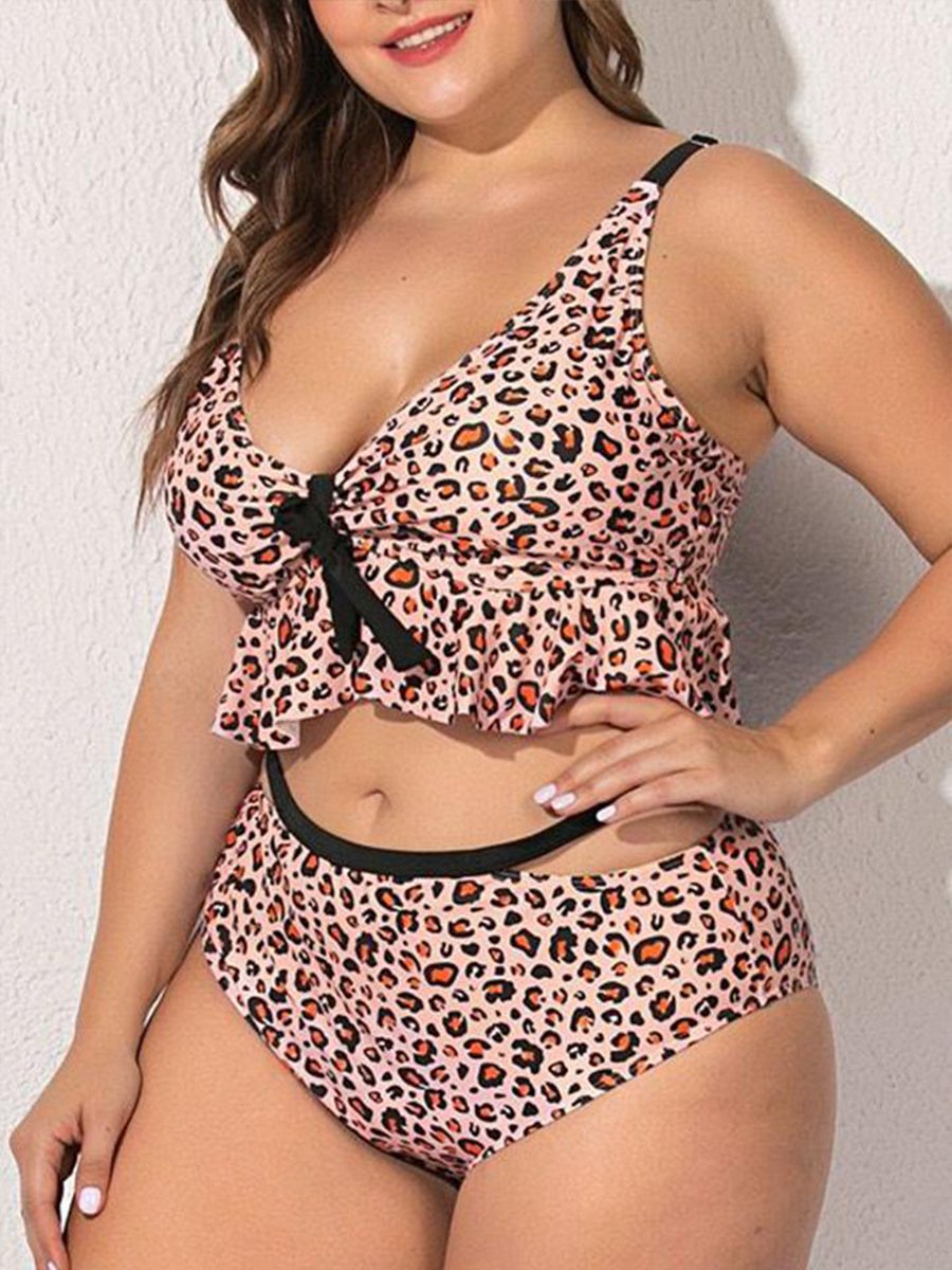 U Neck Leopard Print Flounce Design Tankini