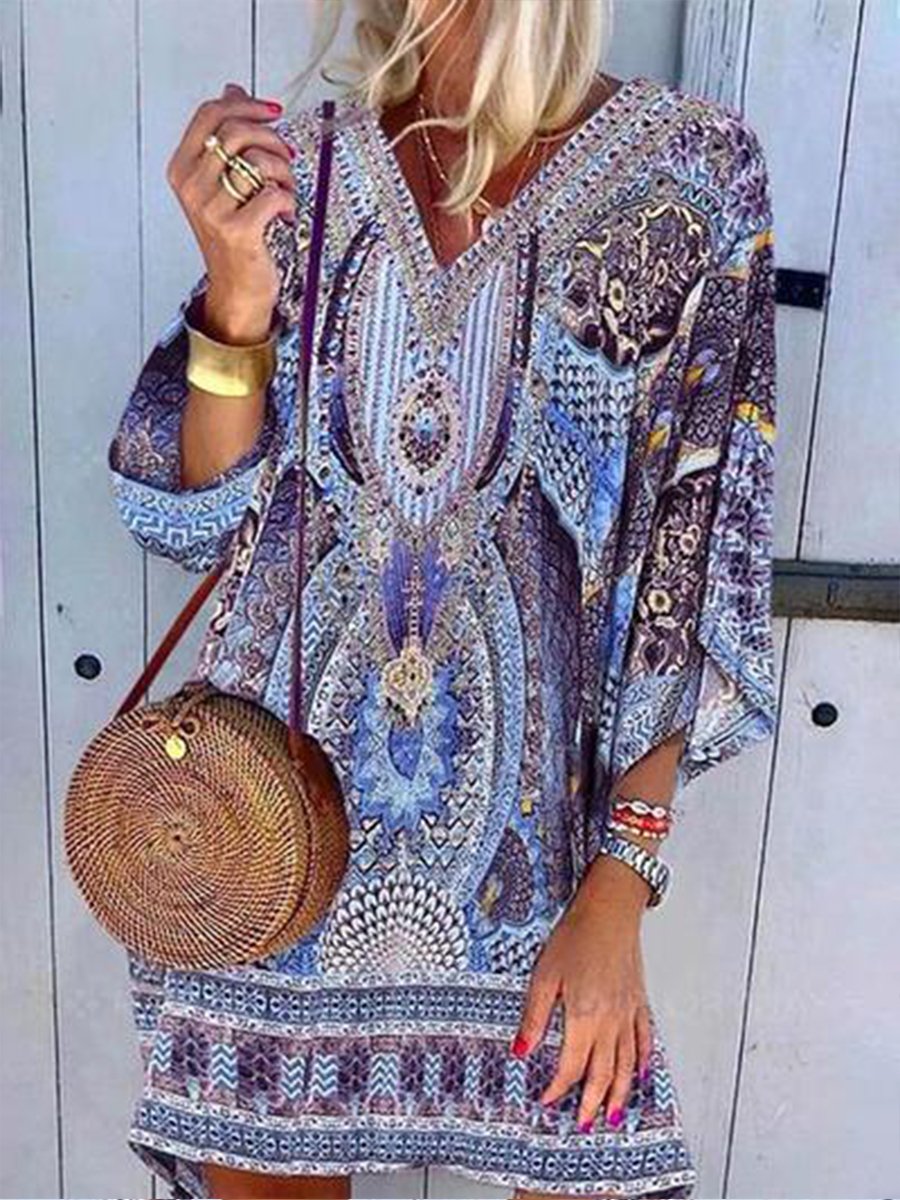 Print V-neck Loose-fit Mini Dress