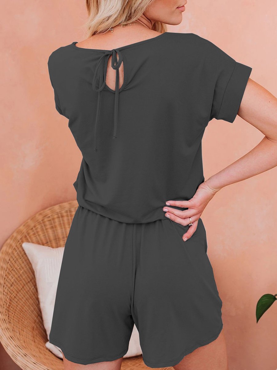 Solid Back Tie Casual Romper