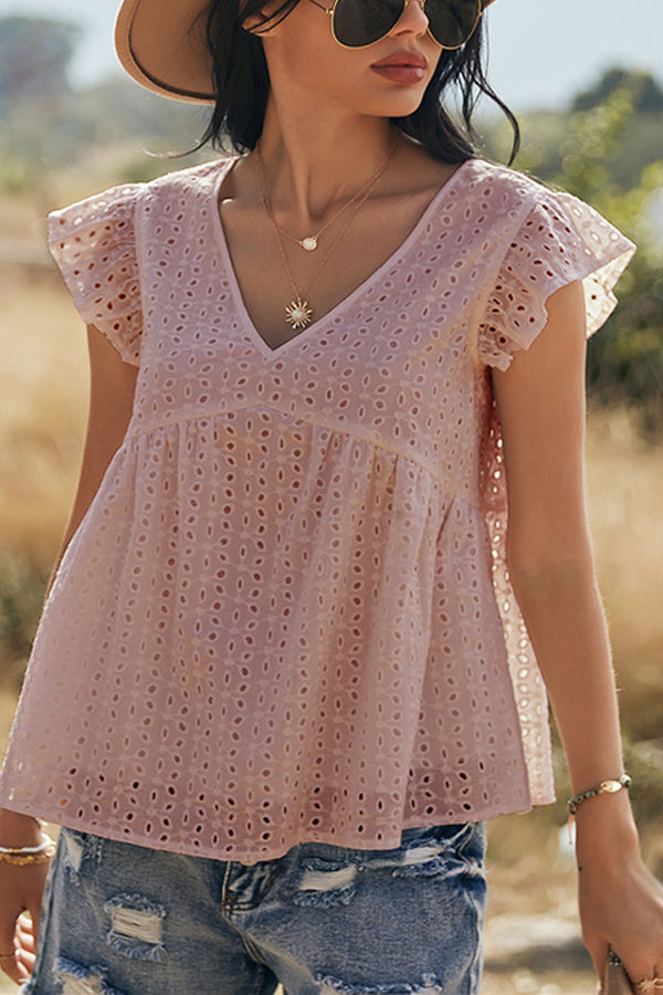V-neck Lotus Leaf Sleeve Hollow Loose Women's Top