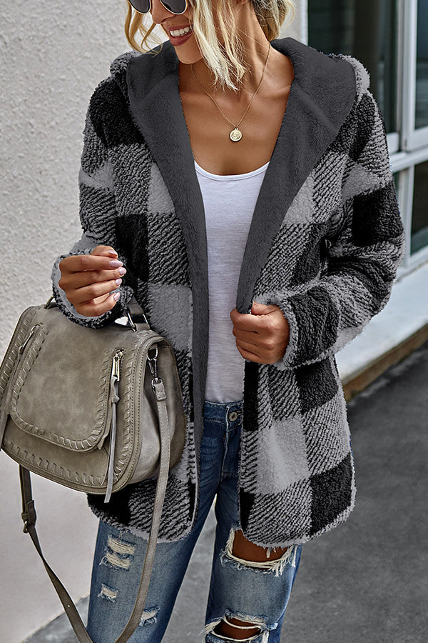 Checked Double-sided Plush Cardigan