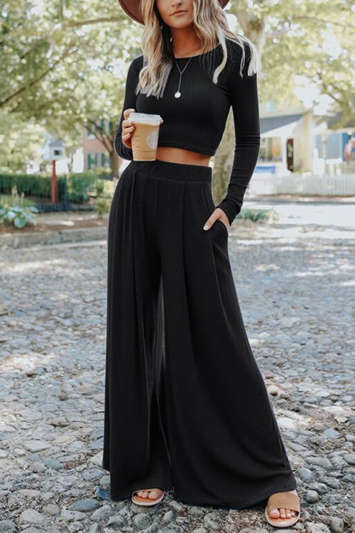 Long Sleeve Cropped Top Wide Leg Pleated Pants Set