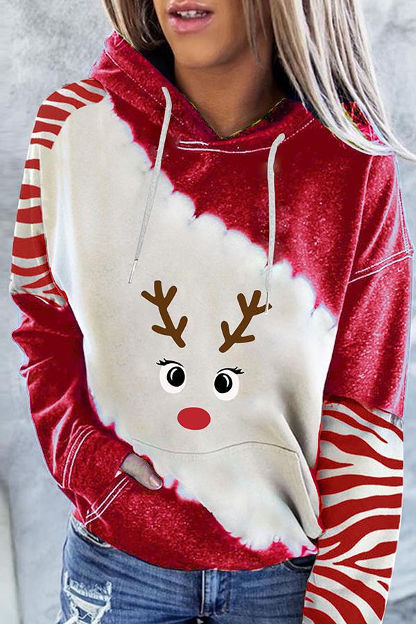 Santa Claus Print Color Block Hoodie (Red)