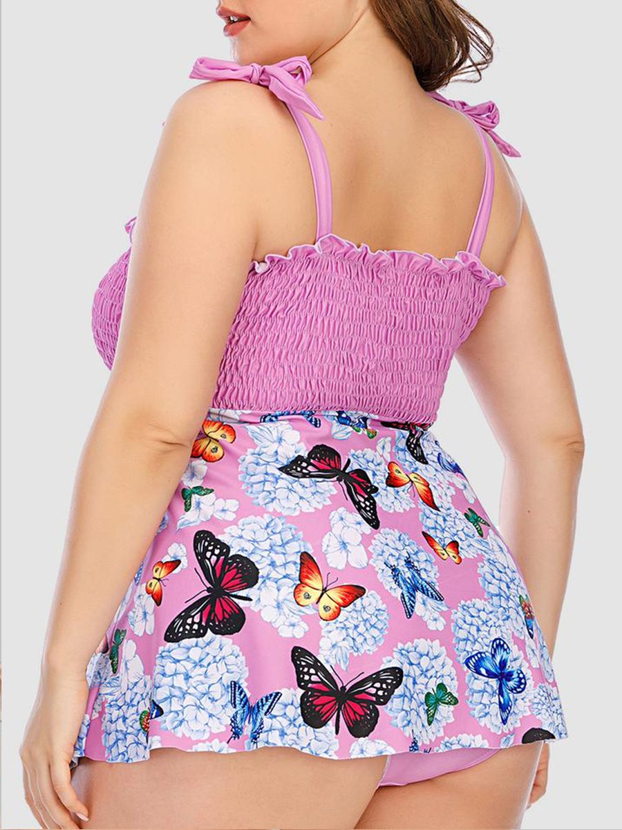 Sweet Frill Trim Butterfly Print Pink Tankini