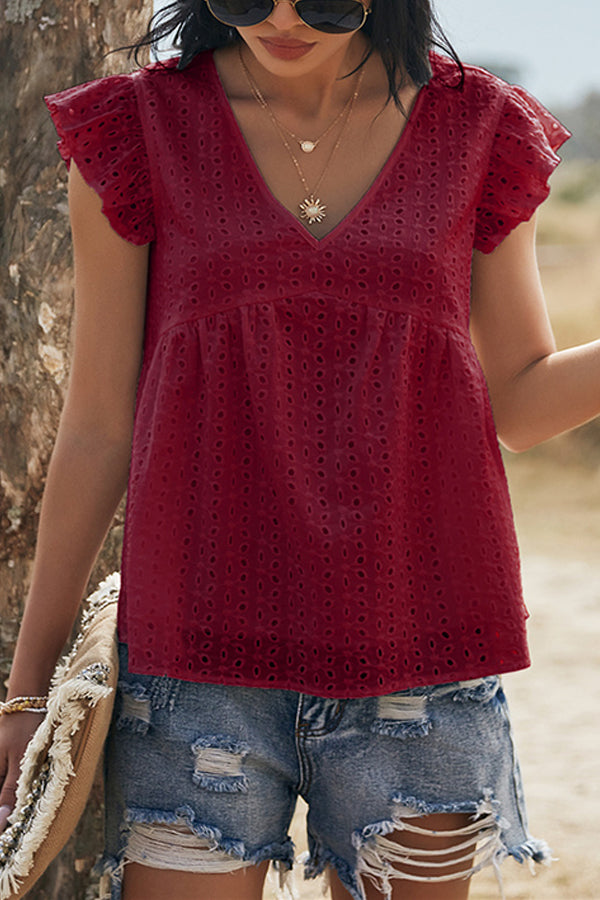 V-neck Lotus Leaf Sleeve Hollow Loose Women's Top