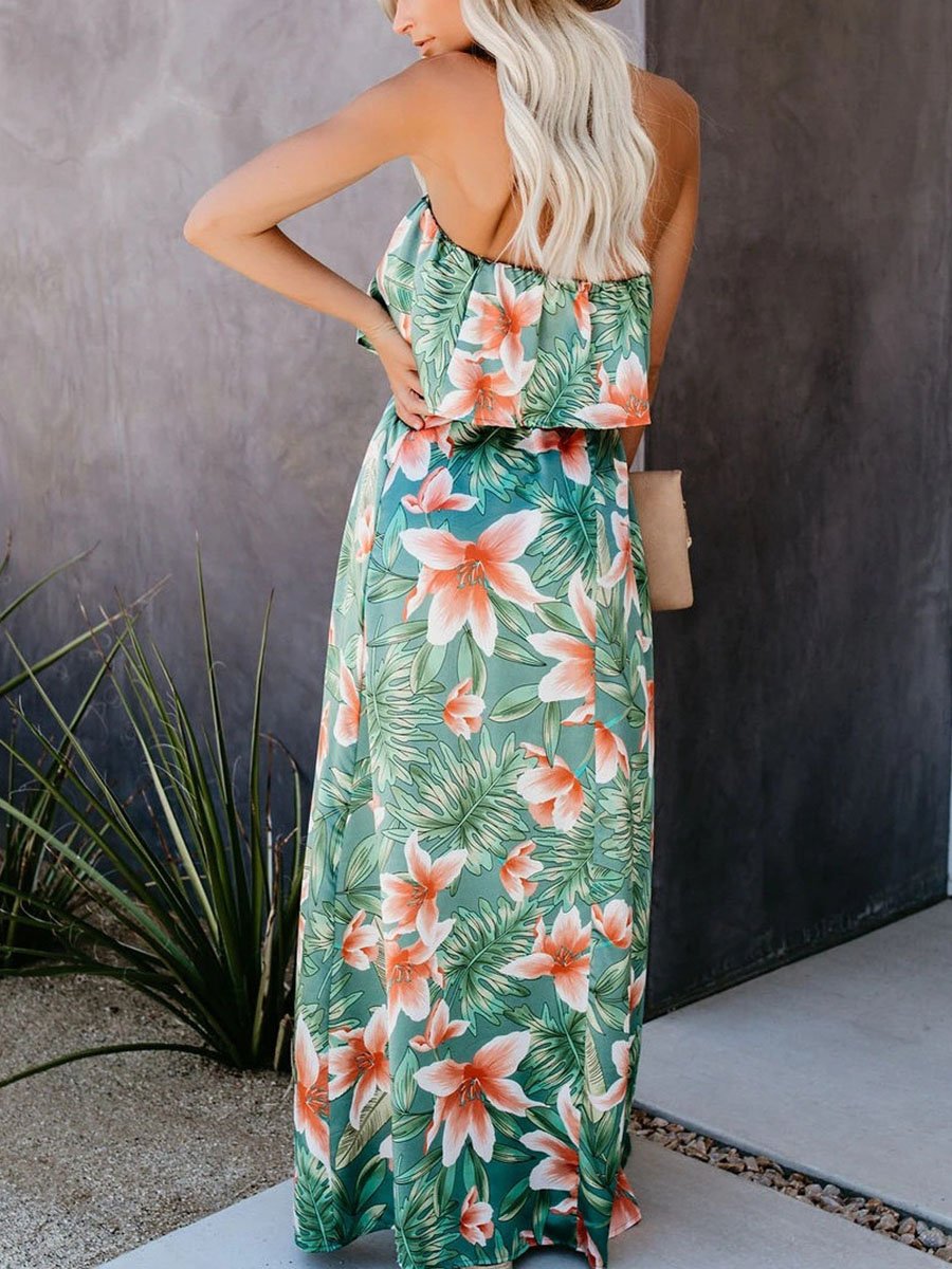 Tropical Plant Print Off-shoulder Ruffled Slit Long Dress