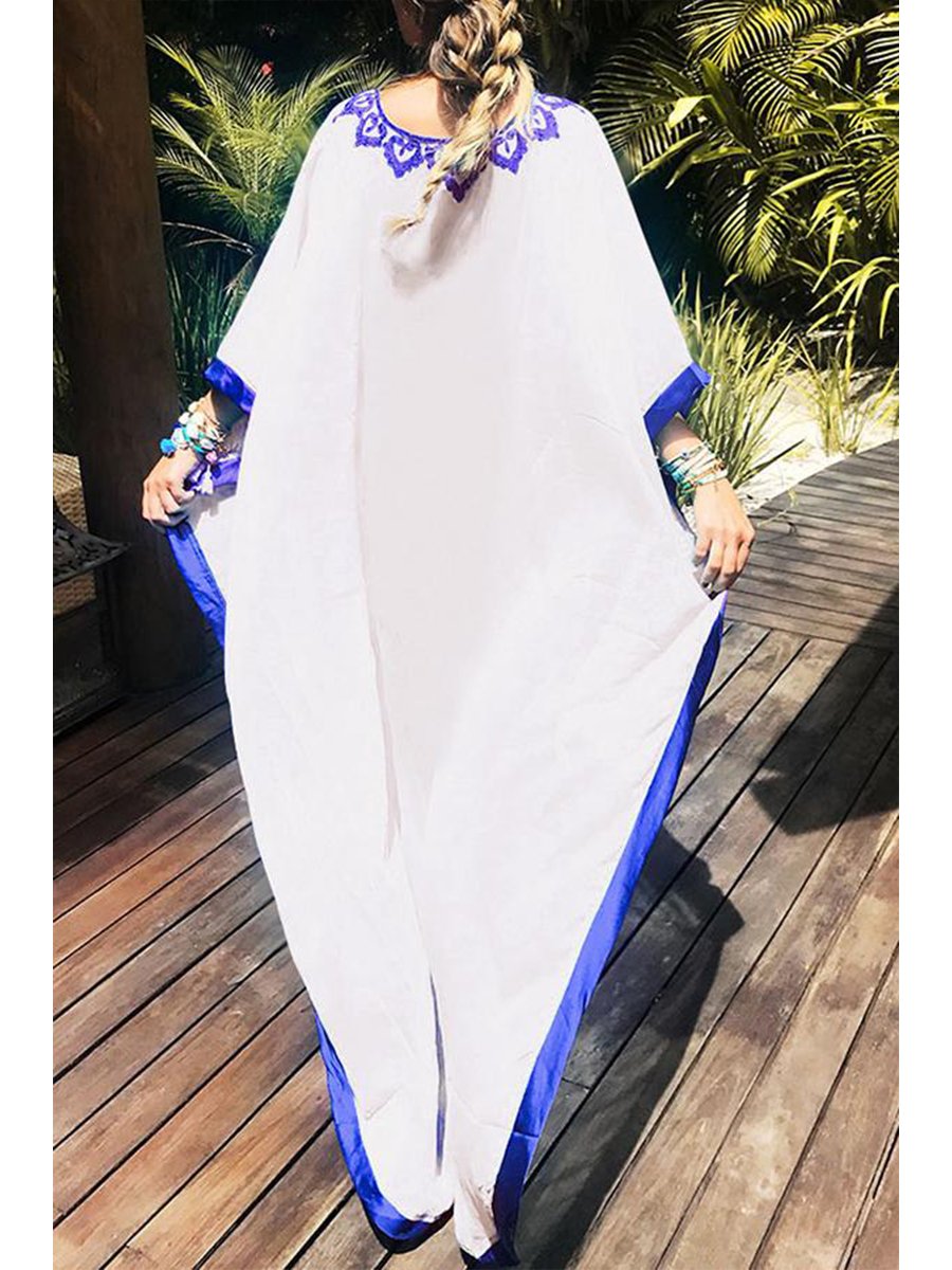 Casual Floral Embroidery Fork Opening Smock