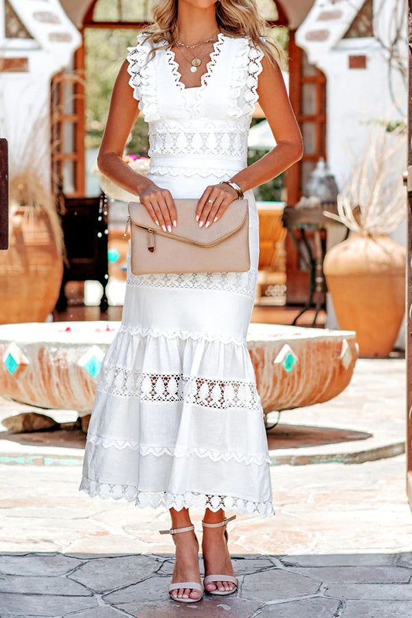 Elegant Lace Solid V-Neck Sleeveless Panel Slim Fit Maxi Dress