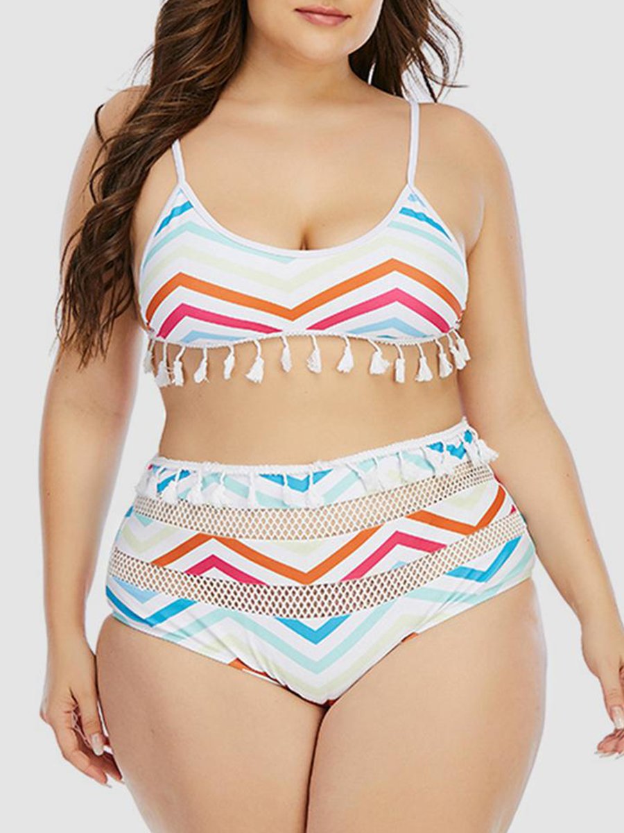 Sweet Geometric Print Hollow-out Tassel Design White Two-piece Swimsuit