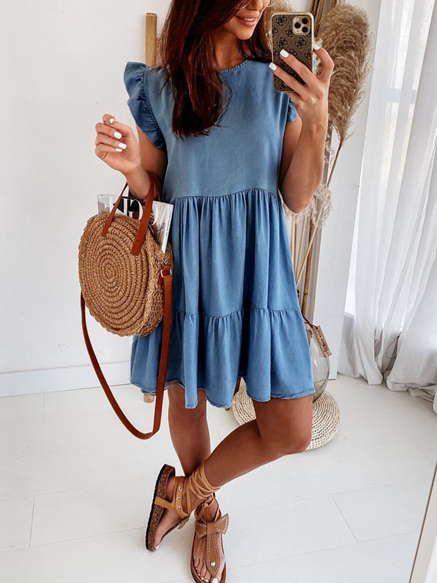 Ruffle Sleeve Solid Color Denim Mini Dress