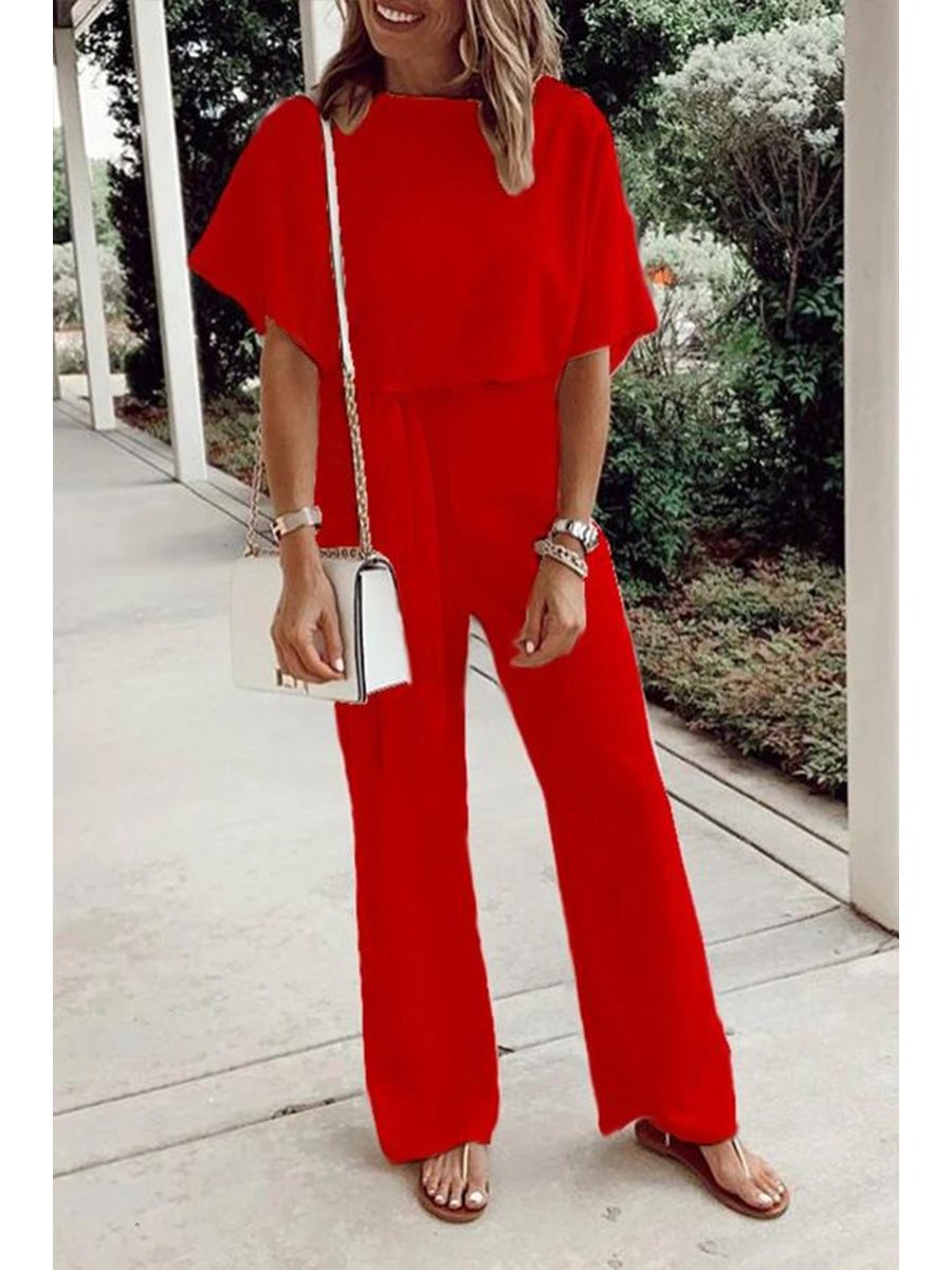 Elegant Solid Color Lace Up Bat Sleeve Jumpsuit