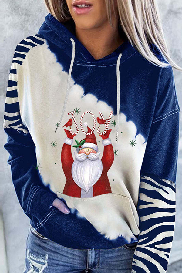 Santa Claus Print Color Block Hoodie (Blue )