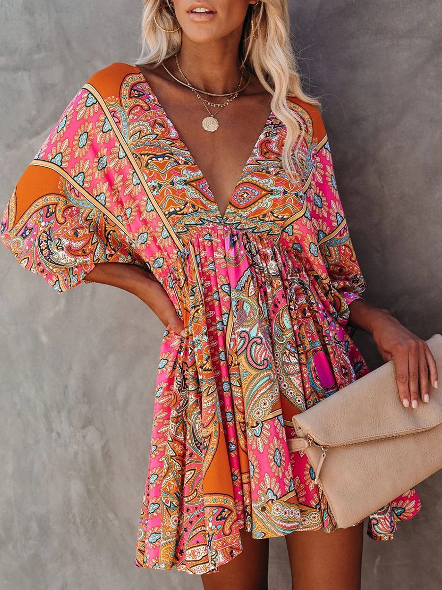Multicolour V Neck 3/4 Sleeve Bohemian Mini Dress