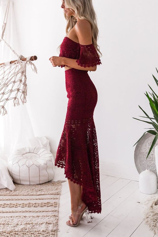 Off Shoulder Lace High Low Skirt Suit