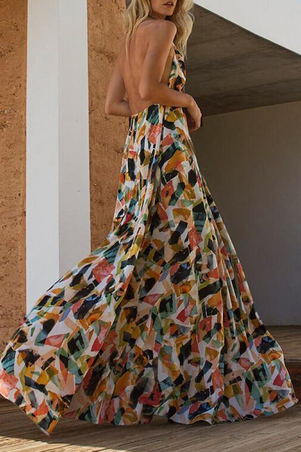 Green Floral Pattern Backless V-neck Sleeveless Fashion Maxi Dress