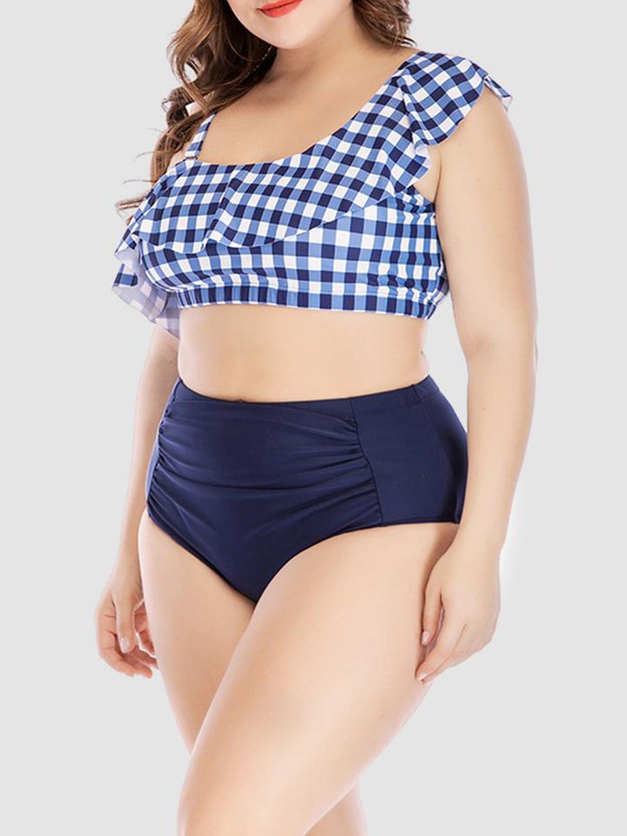 Plaid Print Flap Over Flounce Design BlueTankini