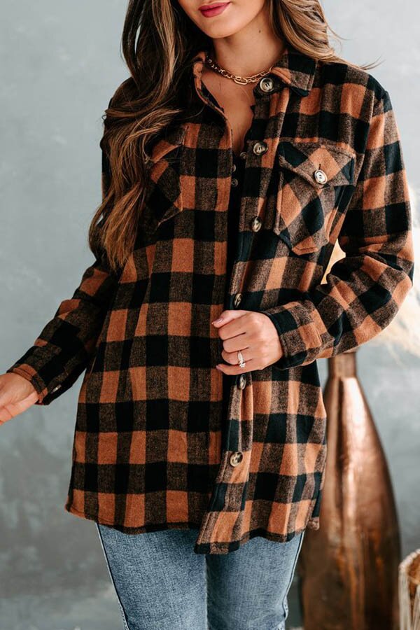 Button Front Lapel Plaid Insert Pocket Shacket