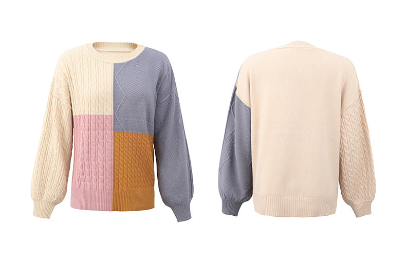 Square Stitching Contrast Color Twist Lantern Sleeve Sweater