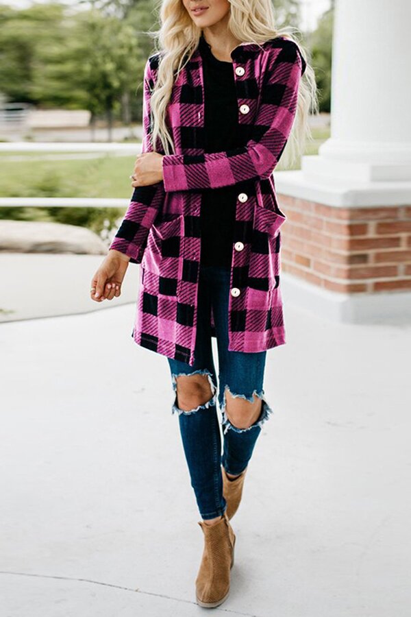 Hooded Plaid Long Sleeve Button Down Pocket Coat