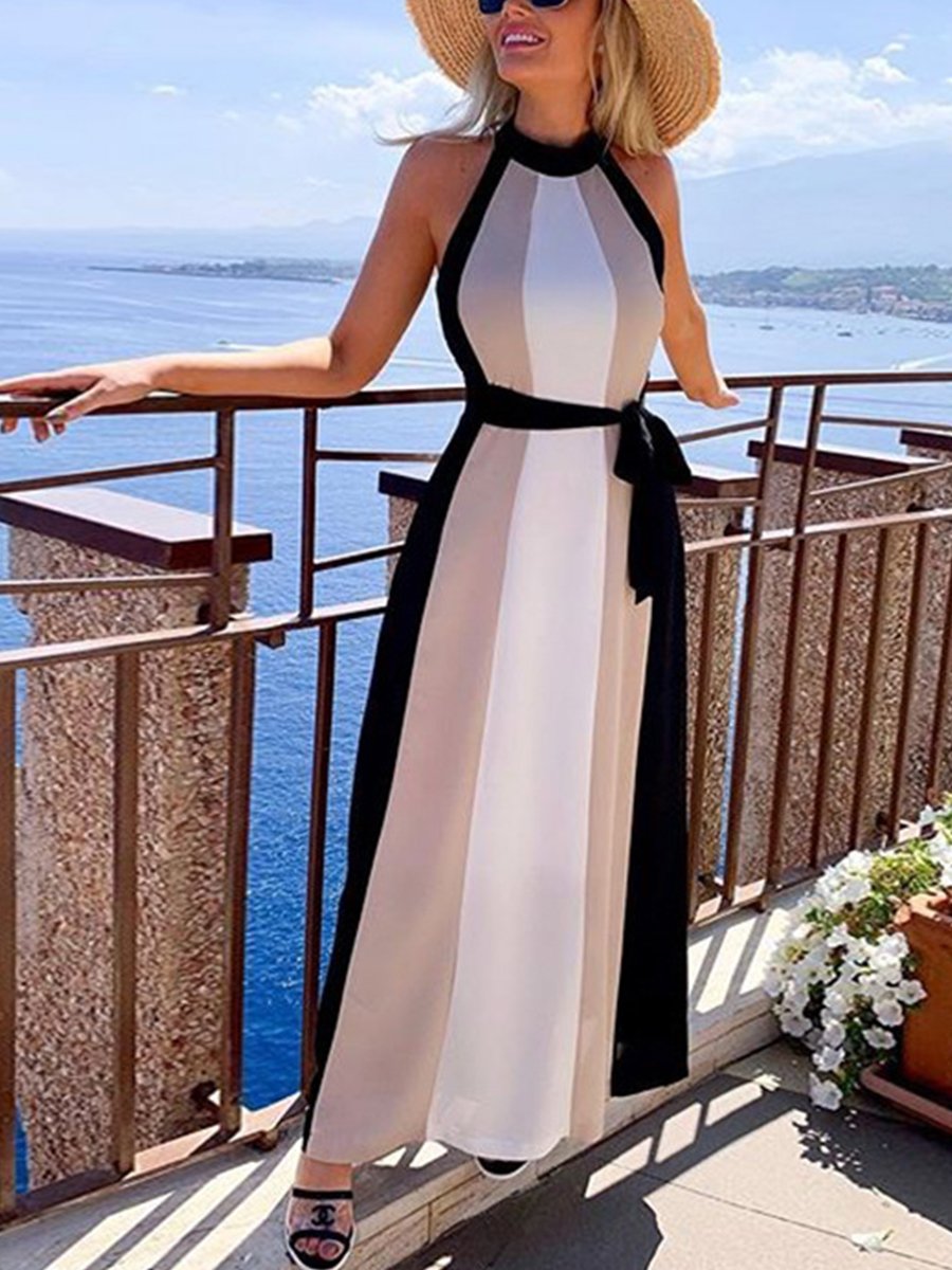 Fashion Halter Neck Colorblock Striped Maxi Dress