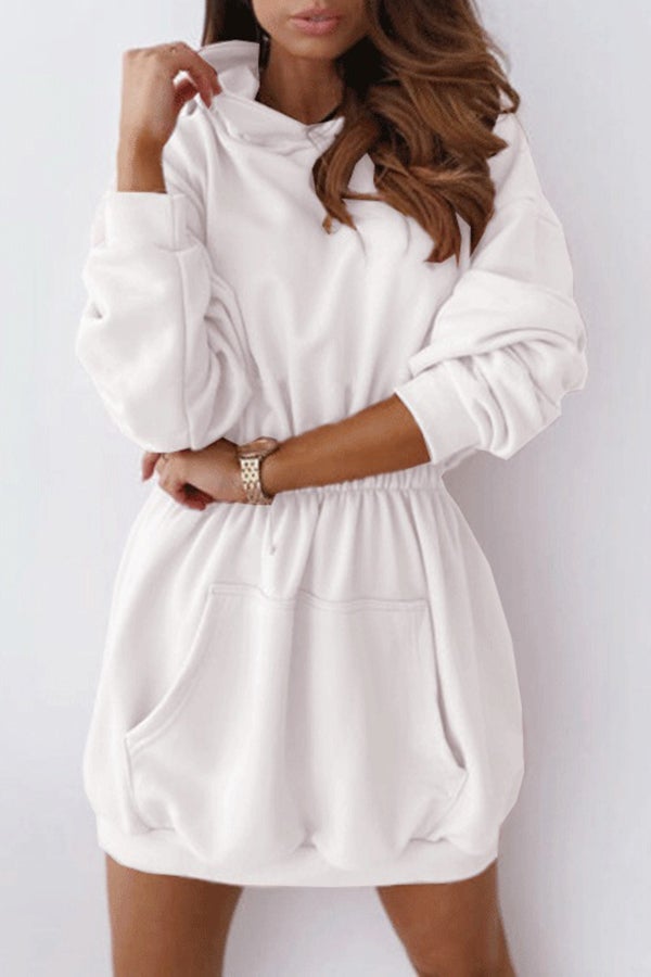 Waist Long Sleeve Fleece Hooded Sweatshirt Dress