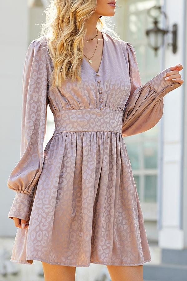 V-neck Lantern Sleeves Waist Mid-length Skirt Purple Leopard Print Gentle Wind Temperament Skirt