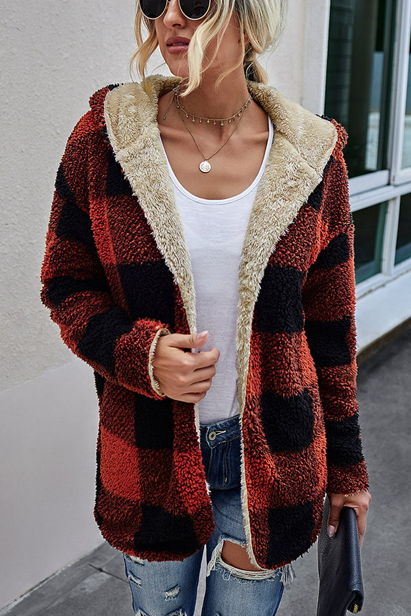 Checked Double-sided Plush Cardigan