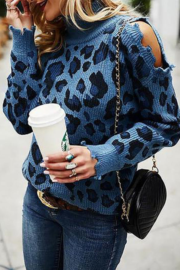 Turtleneck Cold-Shoulder Leopard Sweater