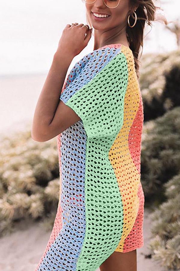 Ocean Whimsy Colorblock Crochet Cover Up Dress