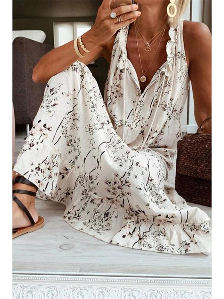 Printed V-neck Lace Sling Loose Dress