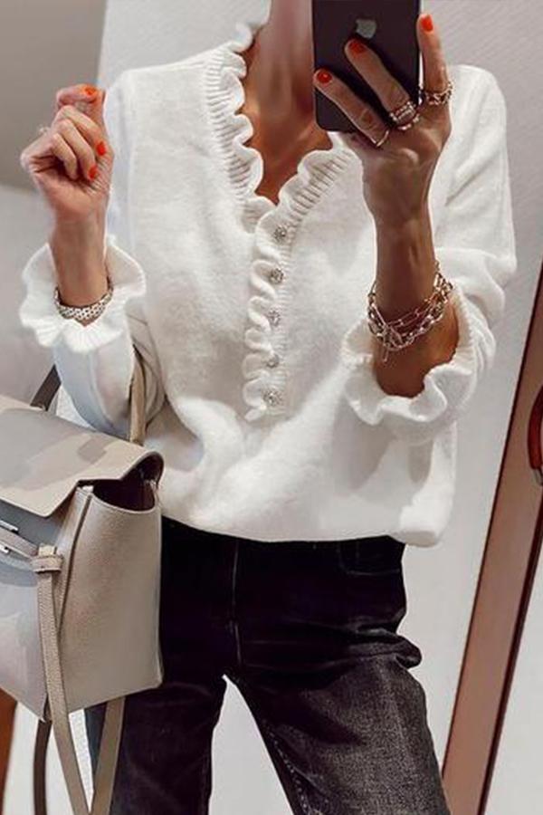 V-Neck Ruffles Buttons Lightweight Sweater