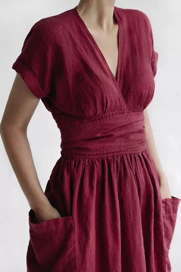 Forever Yours Belt High Waist Cotton- Linen Dress