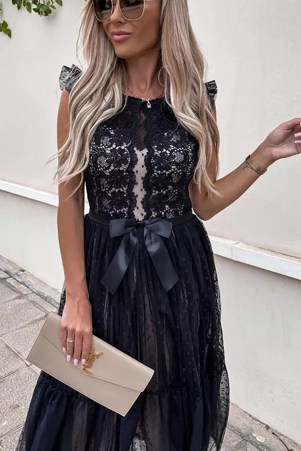 All The Romance Bow Tie Lace Midi Dress