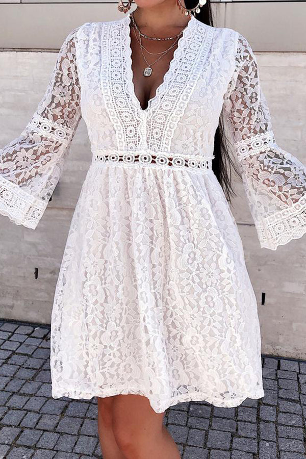 New Lace Stitching Lace Flare 3 / 4 Sleeve Loose Dress