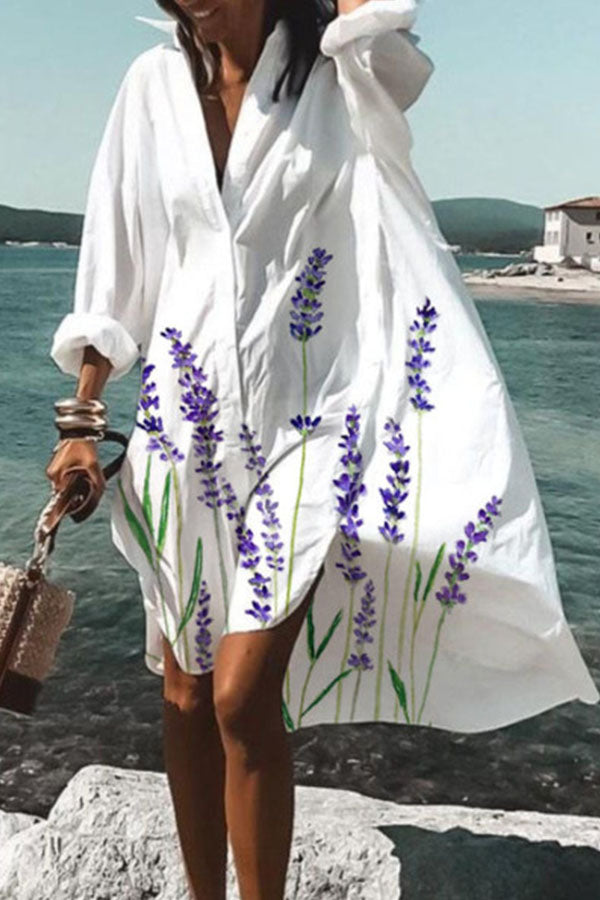 Casual Floral Long V-neck Shift Dress